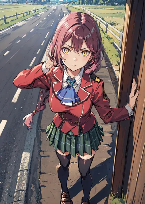 masterpiece:1.2, best quality, 1girl, emma millstein, <lora:emma-nvwls-v1-final:0.8>, braided ponytail, blue ascot, school uniform, plaid skirt, black thighhighs, loafers, front view, high view, looking at viewer, serious expression, paved road, country side, centered, extreme close up, standing looking up, ((dark pink hair))