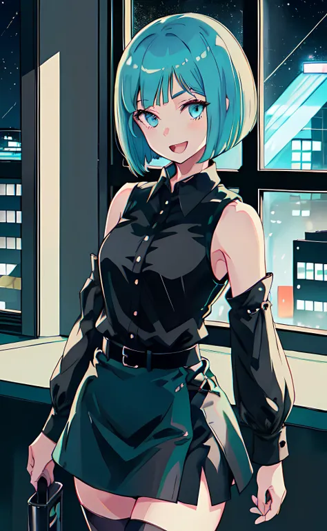 1girl, cowboy shot, standing, short hair, bob cut, aqua hair, aqua eyes, black shirt, collared shirt, sleeveless shirt, detached sleeves, long sleeves, black sleeves, black miniskirt, black thighhighs, bare shoulders, open mouth, smile, indoors, window, cityscape, night, night sky