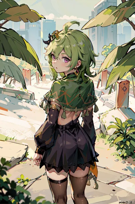 1GIRL, SOLO, GREEN HAIR, THIGHHIGHS, PURPLE EYES, GREEN CAPELET, BROWN THIGHHIGHS, CAPELET, HAIR ORNAMENT, AHOGE,BLACK DRESS, LONG SLEEVES, DRESS, (arms behind back), from above, looking at viewer <lora:collei:1>