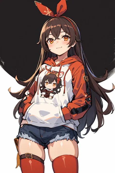 masterpiece, best quality,  <lora:amber:1>,solo, amber (genshin impact), 1girl, light smile, long hair, hood,hoodie, looking at viewer, brown hair, thighhighs,long sleeves, red hoodie, white background, bangs, hair between eyes, zettai ryouiki, simple background,  goggles, hair ribbon, ribbon, very long hair, cowboy shot, zoom layer,  o_o, hood down, brown eyes, alternate costume, blush, red thighhighs, red ribbon, crossed bangs, thigh strap, thighs, drawstring, animal ears, sidelocks, standing, hairband, rabbit ears, orange eyes, ((casual)), hands in pocket, from below