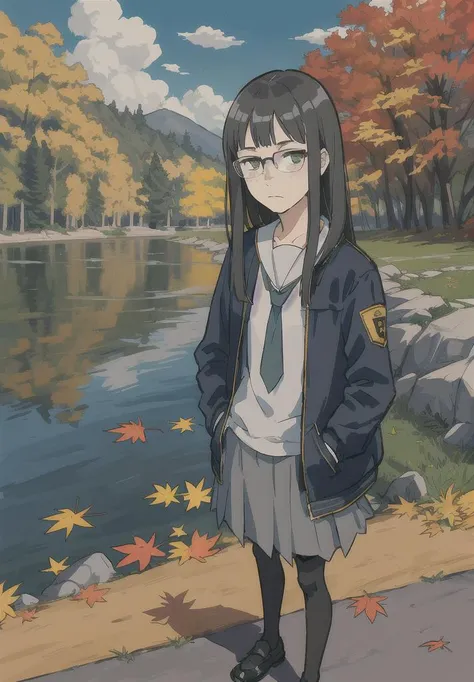 <lora:KanamoriSayaka:0.7>, masterpiece, best quality, ((masterpiece,best quality, detailed)), Kanamori Sayaka, freckles, asymmetrical blunt_bangs, sanpaku_eyes, extra wrangling, solo, 1girl, perfect anatomy, outdoors, young woman, black hair, long hair, Autumn, yellow leaves, Park, Long black skirt, stockings, shoes, ((Black denim jacket)), leaf fall, glasses on the face, Standing, Sad Face, hands in pocket, ((clouds, gray shade)), Trees in the back, (((detailed face)))