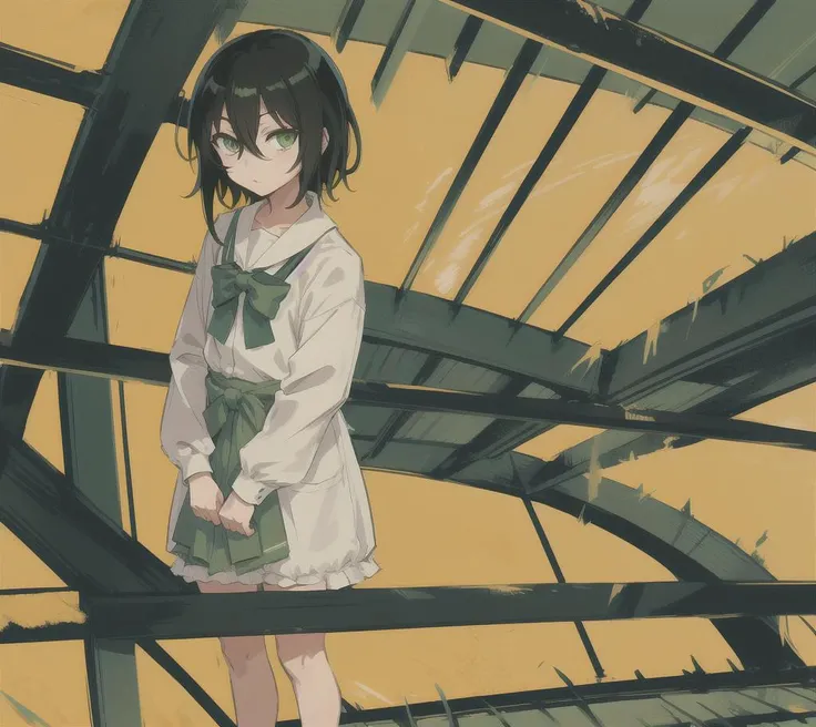 (masterpiece, detailed), kuroki-tomoko, green eyes, hair over one eye, bags under eyes, yellow unform, full body, <lora:tomoko-kuroki-v2-2:1>