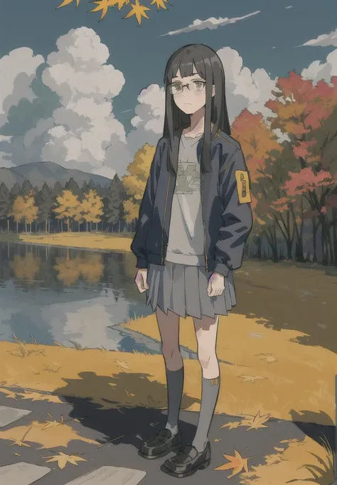 <lora:KanamoriSayaka:0.7>, masterpiece, best quality, ((masterpiece,best quality, detailed)), Kanamori Sayaka, freckles, asymmetrical blunt_bangs, sanpaku_eyes, extra wrangling, solo, 1girl, perfect anatomy, outdoors, young woman, black hair, long hair, Autumn, yellow leaves, Park, Long black skirt, stockings, shoes, ((Black denim jacket)), leaf fall, glasses on the face, Standing, Sad Face, hands in pocket, ((clouds, gray shade)), Trees in the back, (((detailed face)))