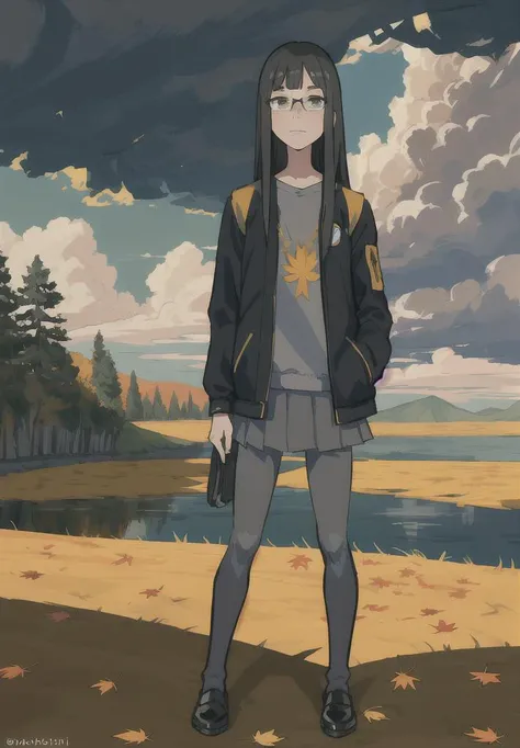<lora:KanamoriSayaka:0.7>, masterpiece, best quality, ((masterpiece,best quality, detailed)), Kanamori Sayaka, freckles, asymmetrical blunt_bangs, sanpaku_eyes, extra wrangling, solo, 1girl, perfect anatomy, outdoors, young woman, black hair, long hair, Autumn, yellow leaves, Park, Long black skirt, stockings, shoes, ((Black denim jacket)), leaf fall, glasses on the face, Standing, Sad Face, hands in pocket, ((clouds, gray shade)), Trees in the back, (((detailed face)))