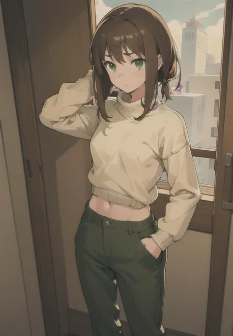 masterpiece, best quality, perfect anatomy, 1girl, solo, Take Off Sweater, pants, standing, backstreet, cowboy shot, shy, brown hair, tall, green eyes, NSFW, small breasts