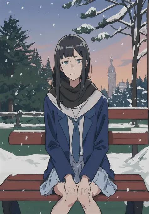 <lora:KanamoriSayaka:1>, masterpiece, best quality, ((masterpiece,best quality, detailed)), Kanamori Sayaka, freckles, asymmetrical blunt_bangs, sanpaku_eyes, serafuku, blue blazer, extra wrangling, solo, 1girl, perfect anatomy, outdoors, blue long skirt, young woman, black hair, long hair, sitting on a bench, In the park, winter, Scarf, Falling snow, snowstorm, sad face, Looks at the viewer, trees behind