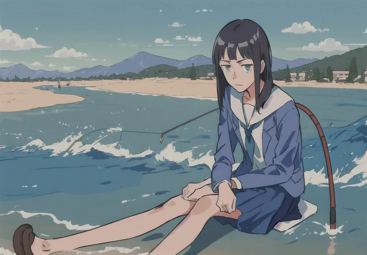 <lora:KanamoriSayaka:1>, masterpiece, best quality, ((masterpiece,best quality, detailed)), Kanamori Sayaka, freckles, asymmetrical blunt_bangs, sanpaku_eyes, serafuku, blue blazer, extra wrangling, solo, 1girl, perfect anatomy, thoughtful look,  outdoors, blue long skirt, Hair falls on the shoulders, near the river, sitting on the sand, fishing, black tights