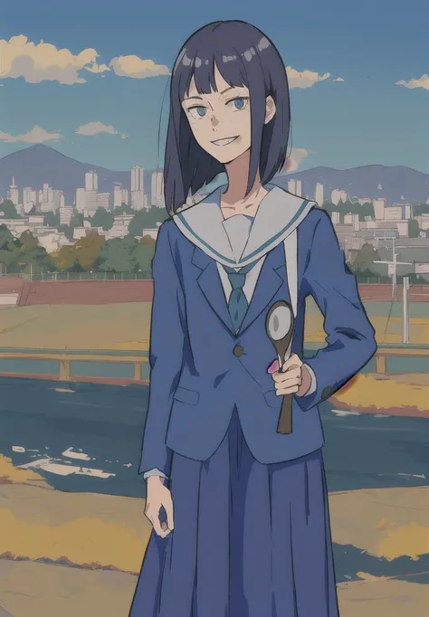 <lora:KanamoriSayaka:1>, masterpiece, best quality, ((masterpiece,best quality, detailed)), Kanamori Sayaka, Standing, freckles, asymmetrical blunt_bangs, sanpaku_eyes, serafuku, blue blazer, extra wrangling, solo, 1girl, perfect anatomy, cowboy shot, smile, standing, city, outdoors, long skirt