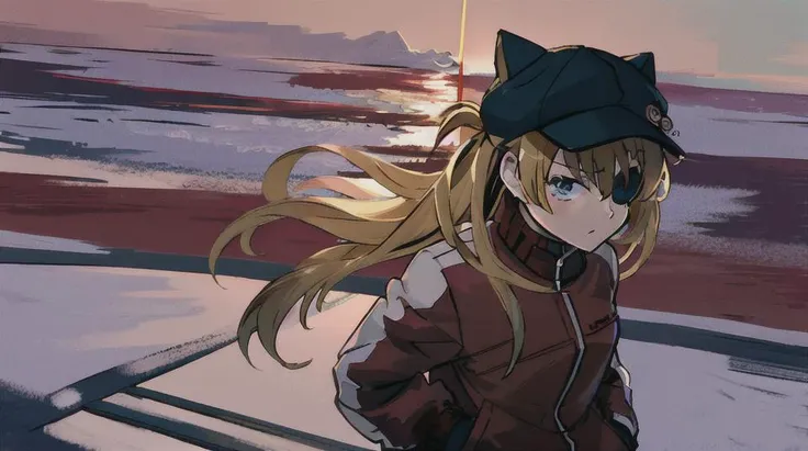 obata takeshi, masterpiece, best quality, ((masterpiece,best quality, detailed)), outdoors, <lora:AsukaV1-000016:0.8>, souryuu asuka langley, red jacket, bodysuit under clothes, cat hat, red bodysuit, eyepatch, hands in pockets, (tape), solo, 1girl