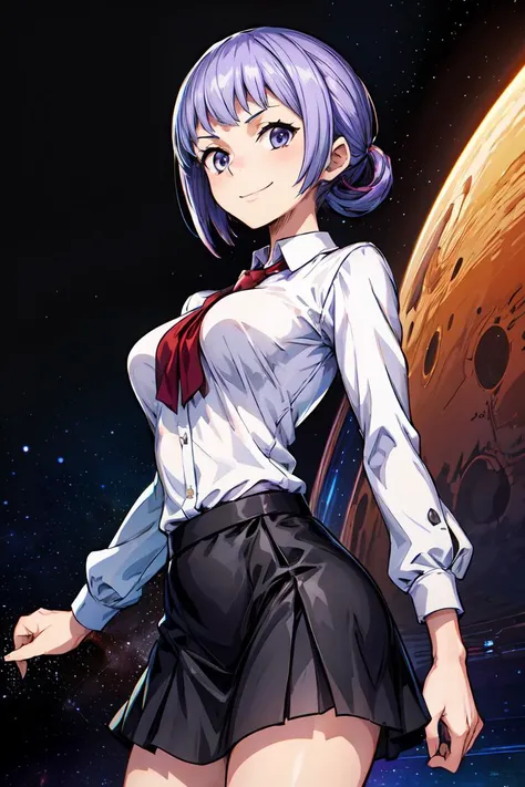 (masterpiece:1.2, best quality), ((1girl)), ((solo)), (beautiful and clear background:1.2), (extremely detailed CG, ultra-detailed, best shadow:1.1), ((depth of field)), (((medium breasts, slim girl, very slim girl))), (space background:1.4), (extremely fine and beautiful:1.1), (perfect details:1.1), looks at the viewer, Carina, smile, white shirt, black mini skirt, formal suit, purple hair,short hair, makasin, (extremely detailed CG unity 8k wallpaper),,<lora:add_detail:1> <lora:Carina:0.7>