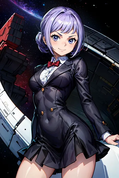 (masterpiece:1.2, best quality), ((1girl)), ((solo)), (beautiful and clear background:1.2), (extremely detailed CG, ultra-detailed, best shadow:1.1), ((depth of field)), (((medium breasts, slim girl, very slim girl))), (space background:1.4), (extremely fine and beautiful:1.1), (perfect details:1.1), looks at the viewer, Carina, smile, white shirt, black mini skirt, formal suit, purple hair,short hair, makasin, (extremely detailed CG unity 8k wallpaper),,<lora:add_detail:1> <lora:Carina:0.7>