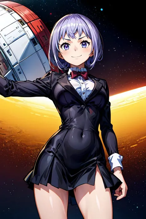 (masterpiece:1.2, best quality), ((1girl)), ((solo)), (beautiful and clear background:1.2), (extremely detailed CG, ultra-detailed, best shadow:1.1), ((depth of field)), (((medium breasts, slim girl, very slim girl))), (space background:1.4), (extremely fine and beautiful:1.1), (perfect details:1.1), looks at the viewer, Carina, smile, white shirt, black mini skirt, formal suit, purple hair,short hair, makasin, (extremely detailed CG unity 8k wallpaper),,<lora:add_detail:1> <lora:Carina:0.7>
