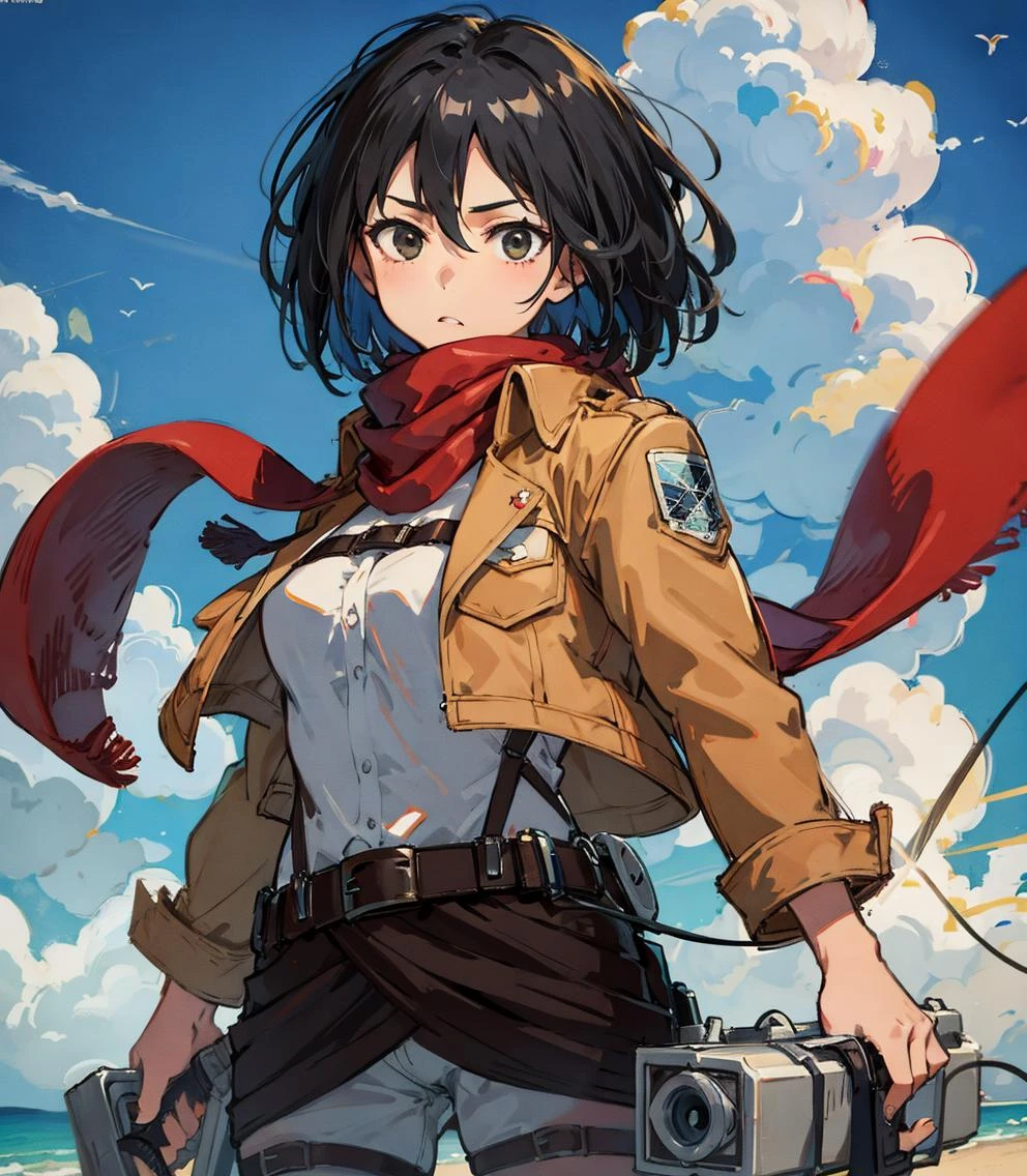 <lora:mikasa_ackerman_v1:0.8>
masterpiece, best quality, highres, hmmikasa, open jacket,short hair, black eyes, scarf, emblem, belt, thigh strap, red scarf, nude, cowboy shot, standing, on the beach, tall girl, 4k, beautiful lighting, detailed face,holding weapon, sword, dual wielding, three-dimensional maneuver gear, fighting stance,colorful,cinematic light