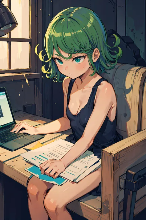 a young woman, blue short hair, sitting on a chair, working on laptop, cute atmosphere
cleavage, bare shoulders
best-quality, perfect anime illustration, masterpiece, highly detailed, high resolution, high quality
<lora:Squeezer2:0.8> <lora:Squeezer:0.8> <lora:tatsumakiselect:0.8> tatsumaki