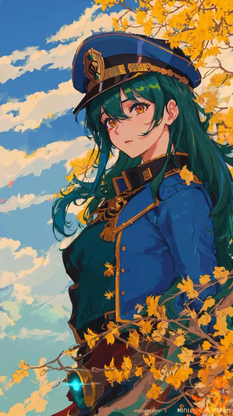 sam yang, modelstyle shoot of attractive woman wearing a german world war 2 police uniform and a closed jacket in blue, black pants, green hair, lime green hair, very long green curly hair, long bangs, orange eyes, orange glowing iris, professional majestic oil painting by Ed Blinkey, Atey Ghailan, Studio Ghibli, by Jeremy Mann, Greg Manchess, Antonio Moro, trending on ArtStation, trending on CGSociety, Intricate, High Detail, Sharp focus, dramatic, photorealistic painting art by midjourney and greg rutkowski, anime girl, european woman, in a city, medals on uniform, flat chested, small breasts, blue police hat