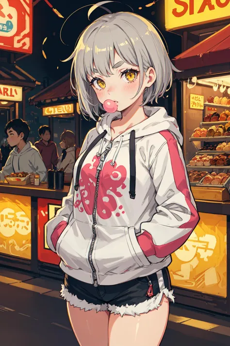 Original Character, Volumetric Lighting, Best Shadows, Shallow Depth of Field, Portrait Of Stunningly Beautiful Girl, Petite, Delicate Beautiful Attractive Face With Alluring Yellow Eyes, Sharp Eyebrows, Humming, Blowing Bubble-Gum, Lovely Small Breasts, Layered Long Grey Streaks Hair, Blush Eyeshadow, Thick Eyelashes, Zipper hoodie Jacket, Wide Sleeve, Short Shorts, Hands In Pocket, Walking On City Food Street At Night, Crowded, Looking At Other, Neon Light Signboards, String Lights, Food Court Outdoor, Diners At The Food Stall, Bustling, (Highest Quality, Amazing Details:1.25), (Solo:1.3), Brilliant Colorful Paintings