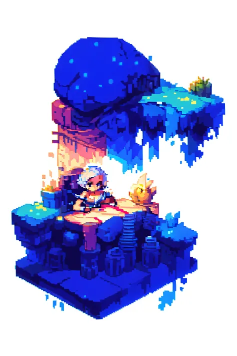 a young woman, blue short hair, sitting on a chair, working on laptop, cute atmosphere
cleavage, bare shoulders
best-quality, perfect anime illustration, masterpiece, highly detailed, high resolution, wide shot, high quality 
 <lora:pixel_5:1> (pixel, pixel art, isometry:1.2)
 <lora:lihui4JXK-b2-bf16-128-128-1-re1-ep3-768-DA-5015fix:0.5> (white background:1.5), [(white background:1.5),::5]