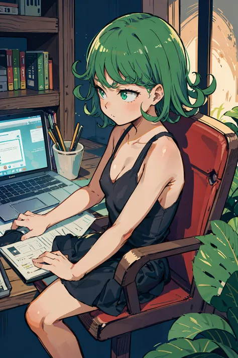 a young woman, sitting on a chair, working on laptop, cute atmosphere
cleavage, bare shoulders
best-quality, perfect anime illustration, masterpiece, highly detailed, high resolution, high quality
<lora:Squeezer2:0.8> <lora:Squeezer:0.8> <lora:tatsumakiselect:0.8> tatsumaki