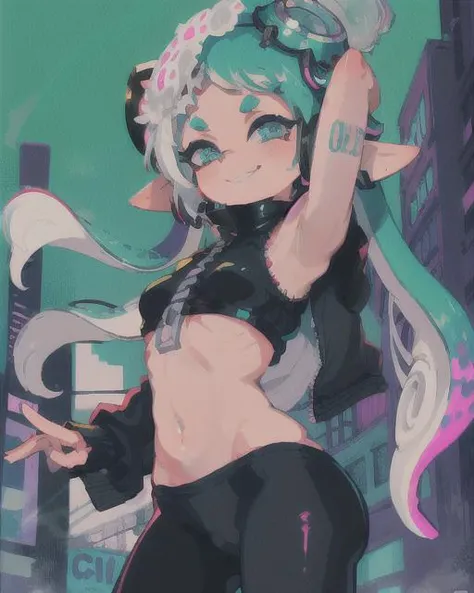 splatoon, hatsune miku as an inkling, cute, glowing aqua blue eyes, cyberpunk city background, neon, saturated colors, crop top, evil smile, <lora:splatoonCharacters_combined:0.7>