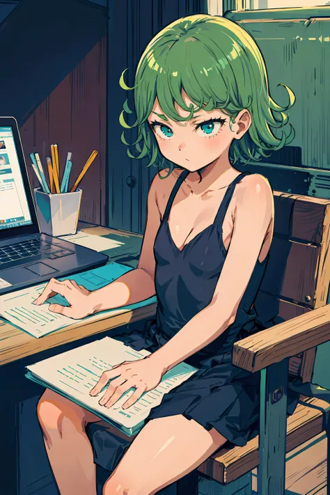 a young woman, blue short hair, sitting on a chair, working on laptop, cute atmosphere
cleavage, bare shoulders
best-quality, perfect anime illustration, masterpiece, highly detailed, high resolution, high quality
<lora:Squeezer2:0.8> <lora:Squeezer:0.8> <lora:tatsumakiselect:0.8> tatsumaki