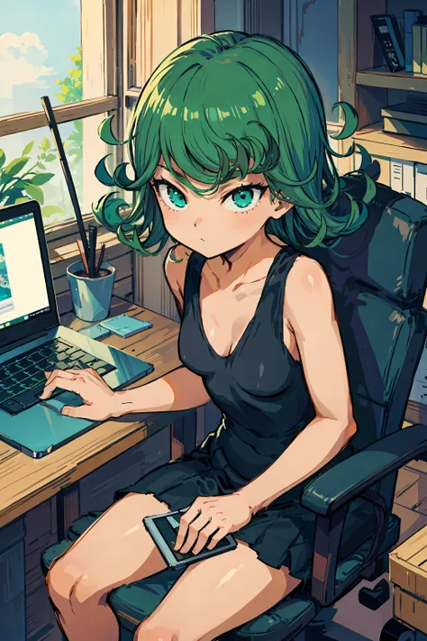 tatsumaki, a young woman, sitting on a chair, working on laptop, cute atmosphere
cleavage, bare shoulders
best-quality, perfect anime illustration, masterpiece, highly detailed, high resolution, high quality
<lora:Squeezer2:0.4> <lora:Squeezer:0.4> <lora:tatsumakiselect:1>