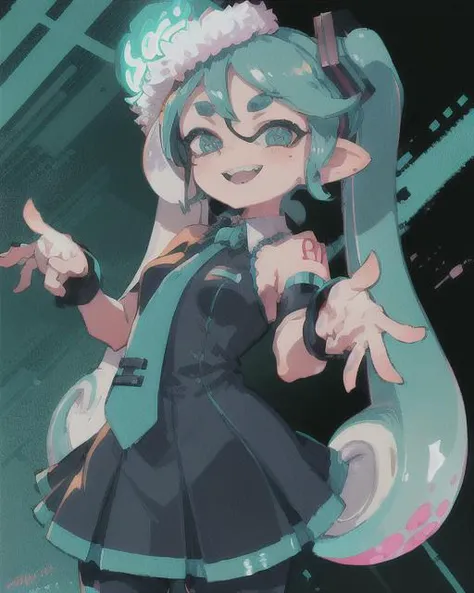 splatoon, hatsune miku as an inkling, idol dress, pleated skirt, blue tie, cute, blushing, dynamic pose, glowing aqua blue eyes, cyberpunk city background:1.2, neon colors, saturated colors, evil smile, <lora:splatoonCharacters_combined:0.7>