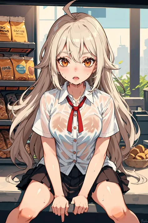 Original Character, Natural Volumetric Lighting And Best Shadows, Deep Depth Of Field, Sharp Focus, Portrait Of Stunningly Beautiful Petite Girl, Soft Delicate Beautiful Attractive Face With Alluring Brown-Orange Eyes, Lovely Small Breasts, Voluminous Mascara, Sharp Eyeliner, Open Mouth, Windswept Disheveled White Hair, Ahoge, Thick Layered Absurdly Long Hairstyles, Blush Eyeshadow With Thick Eyelashes, Parted Lips, Sweat Wet, (See-Through School Dress Shirt With Button:1.1), Short Sleeves, Layered Short Skirt, Neck Tie Ribbon, White Socks, Summer Sweltering Heat, In The Rustic Small Snack Shop, Sitting On, Side Of Vending Machine, (Highest Quality, Amazing Details:1.4), Dramatic, Raytracing, Picturesque, Brilliant Colorful Paintings