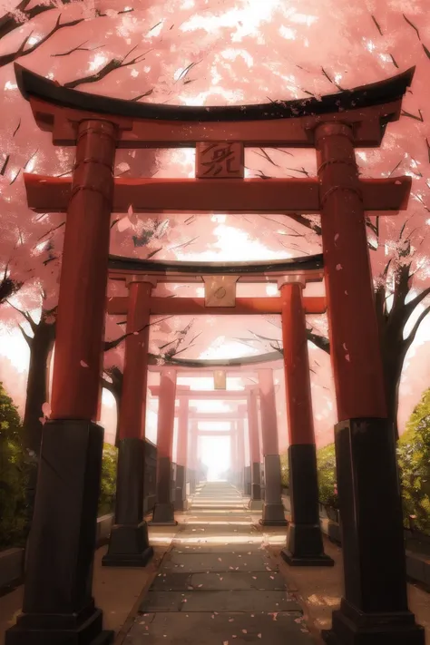 (masterpiece, best quality:1.3), (ultra detailed, cinematic lighting:1.2), shrine, torii, cherry blossoms, sakura blossoms leaves, outdoors, dynamic angle