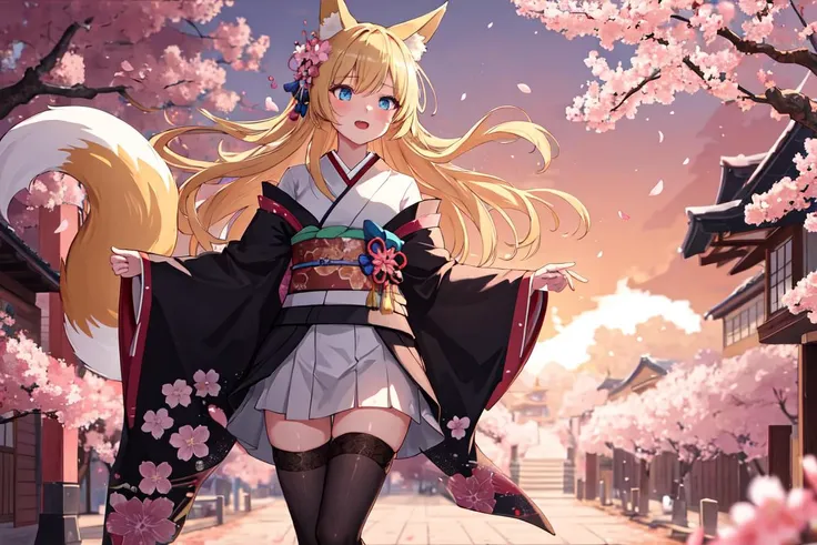 (masterpiece, best quality:1.3), (ultra detailed, cinematic lighting:1.2), 1girl, solo, blonde hair, long hair, blue eyes, fox ears, fox tail, kimono, black thighhighs, shrine, cherry blossoms, sakura blossoms leaves, outdoors, dynamic angle