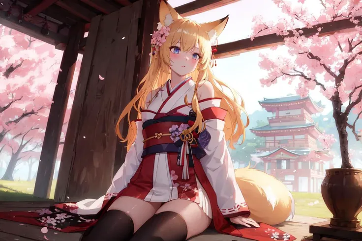 (masterpiece, best quality:1.3), (ultra detailed, cinematic lighting:1.2), (extremely fine and beautiful:1.1), 1girl, solo, blonde hair, long hair, fox ears, fox tail, kimono, black thighhighs, shrine, sunshine, cherry blossoms, sakura blossoms leaves, outdoors, dynamic angle