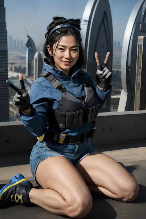 paik, woman, athletic body, tied back hair, headpiece, wearing  bulletproof vest, blue jacket, daisy dukes, gloves, boots,looking at viewer, smiling, happy,
sitting, wariza, hand, peace sign, desert, dubai cityscape, extreme detail, hdr, natural lighting, depth of field, <lora:paik_(battlefield_2042):.7>