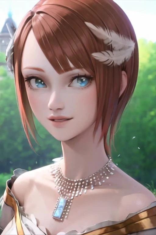1girl, princesselise, portrait, red hair, short hair, blue eyes, white dress, white gloves, feather ornament, necklace <lora:Elise:0.8>