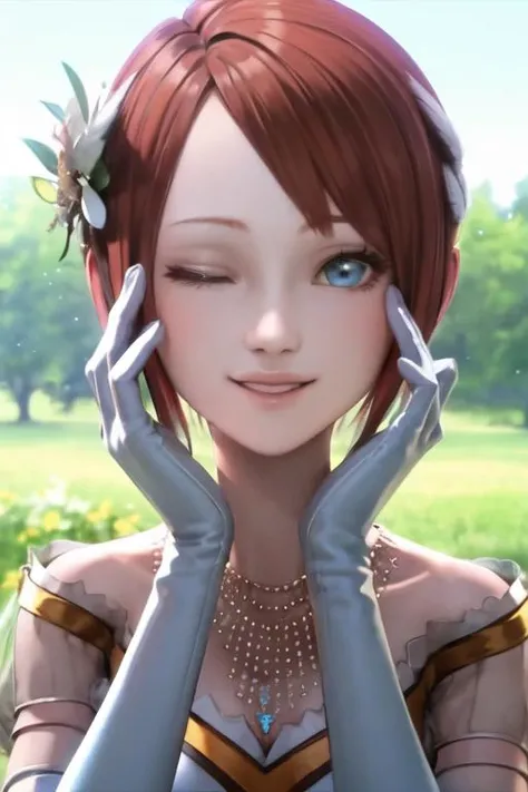 1girl, princesselise, portrait, red hair, short hair, blue eyes, white dress, white gloves, feather ornament, necklace, flower field, dawn, hands on own face , one eye closed, grin <lora:Elise:0.7>