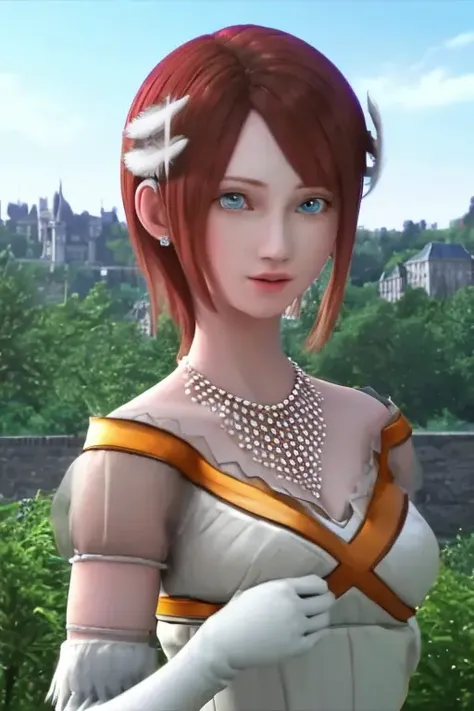 masterpiece, best quality, <lora:Elise:0.8>, princesselise, red hair, short hair, blue eyes, white dress, white gloves, earring, feather ornament, necklace, castle