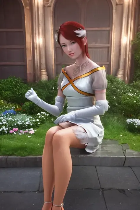 masterpiece, best quality, <lora:Elise:0.8>, princesselise, red hair, short hair, blue eyes, white dress, white gloves, high heels, earring, feather ornament, necklace, ultra realistic skin, perfect face, ultra realistic painting, professional artwork, photorealistic lights, cinematic lighting, ultra detail texture, ultra detail hair, ultra detail face, perfect eyes, trending on pixiv, hyperrealistic paiting, fantastic realism, hands on waist, looking at viewer, garden, flowers