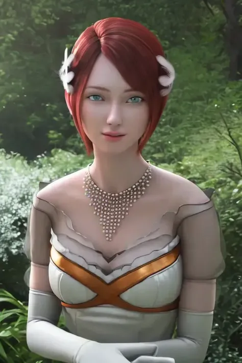 masterpiece, best quality, <lora:Elise:0.8>, princesselise, red hair, short hair, blue eyes, white dress, white gloves, high heels, earring, feather ornament, necklace, ultra realistic skin, perfect face, ultra realistic painting, professional artwork, photorealistic lights, cinematic lighting, ultra detail texture, ultra detail hair, ultra detail face, perfect eyes, trending on pixiv, hyperrealistic paiting, fantastic realism, hands on waist, looking at viewer, garden, flowers