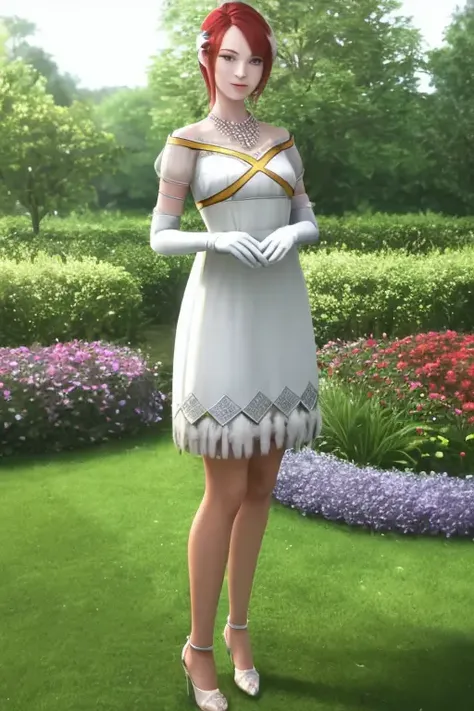 masterpiece, best quality, <lora:Elise:0.6>, princesselise, red hair, short hair, blue eyes, white dress, white gloves, high heels, earring, feather ornament, necklace, full body, standing, garden, colorful garden