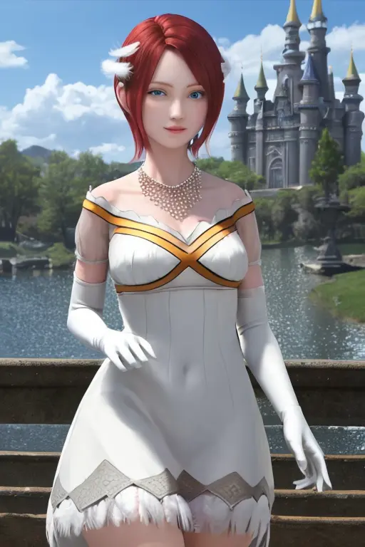 masterpiece, best quality, <lora:Elise:0.6>, princesselise, red hair, short hair, blue eyes, white dress, white gloves, earring, feather ornament, necklace, castle