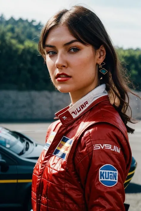 A stunning intricate full color portrait of a woman, wearing a race driver outfit, racing car in background, having fun, epic character composition,by ilya kuvshinov, alessio albi, nina masic,sharp focus, natural lighting, subsurface scattering, f2, 35mm, film grain, portait, closeup, very detailed skin texture <lora:SashaGrey-000005:1>