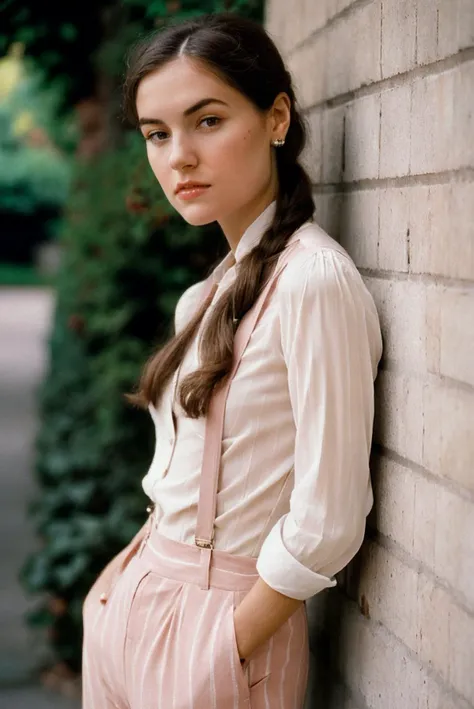 a portrait photo of a beautiful pale woman, Chiffon Blush Pink Striped blouse, high-waisted pants, suspenders, and Oxfords, shot with Rolleiflex 2.8F, detailed face, detailed hair, best quality, masterpiece, (photorealistic:1.4) <lora:SashaGrey-000005:1>