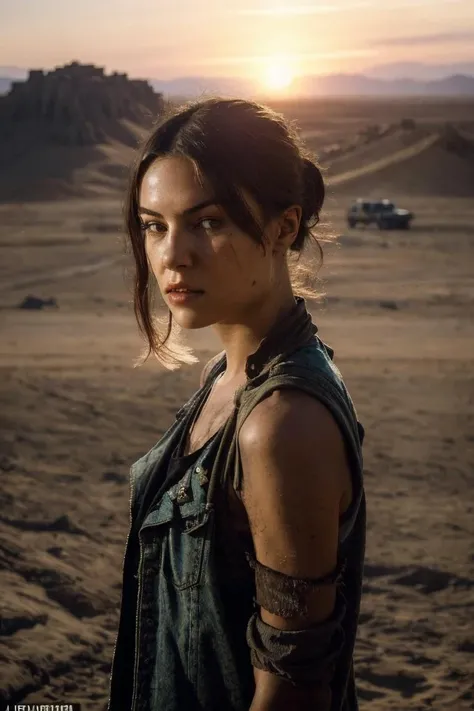 A stunning intricate full color portrait of a woman, wearing ripped clothes, mad max movie set, dirty face, happy, epic character composition,by ilya kuvshinov, alessio albi, nina masic,sharp focus, natural lighting, subsurface scattering, f2, 35mm, film grain, full body in the picture <lora:SashaGrey-000005:1>