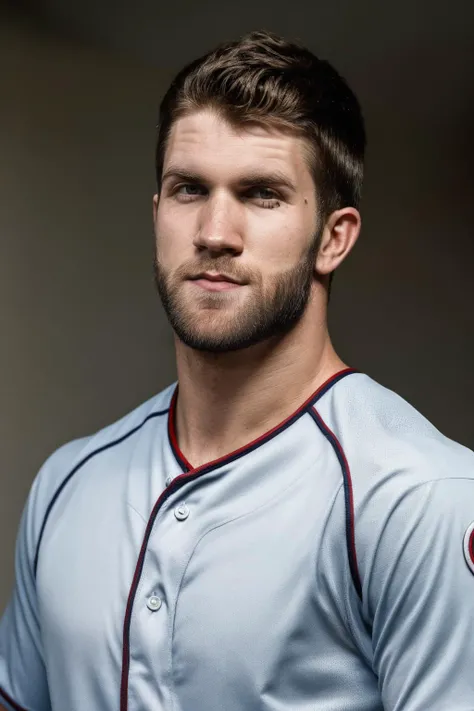 close-up professional studio photo of BryceHarper by Annie Leibovitz, <lora:BryceHaper:0.8> serious determined expression, blurred background, soft diffused lighting, key lighting, rim light