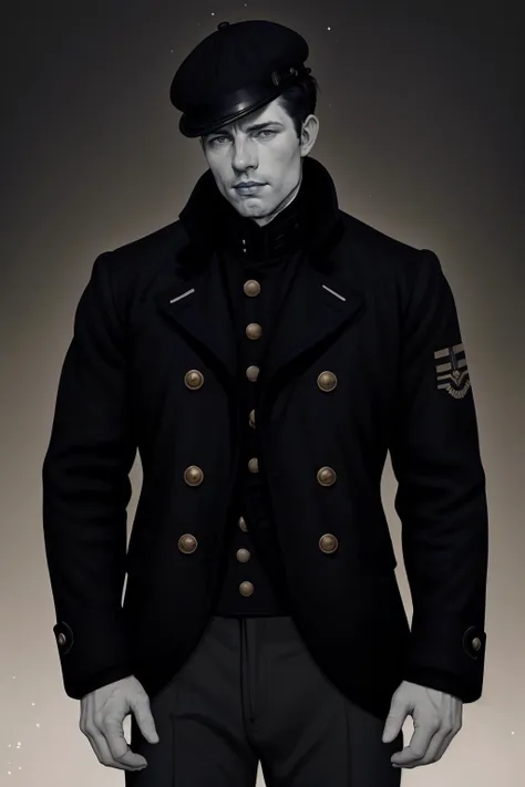 lineart, vintage_vibes, outline, bold outlne, <lora:sc_dean_epoch_8:0.8> male dnperson, mid-19th century, wool navy jacket, brass buttons, British Royal Navy, icy atmosphere, monochrome, <lora:Vintage_vibes_SD15:1> ,