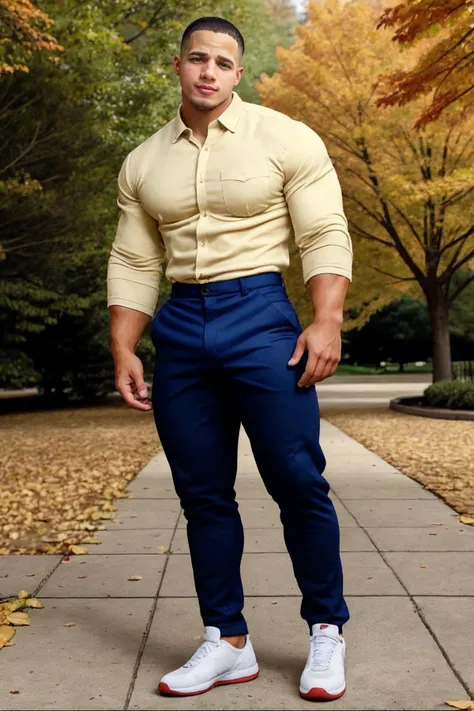 jordan_torres <lora:jt-prodigy-06:1>, wearing a button-down shirt and tight-fitted khakis and shoes <lora:Pectoral Focus v2:0.3>, posing in a city park, autumn, falling leaves, cottage-core, warm, inviting, fashion photography, smirk