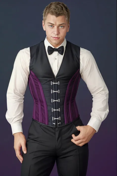 digital illustration, <lora:tommy_hansen-06:1> thansen, welcoming confident expression, wearing corset vest, trousers, <lora:Clothing - Male Corset Vest:0.6> c0rset, great gatsby abstract background