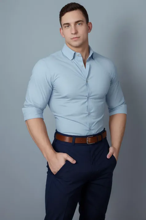 photo of sc_joey <lora:sc_joey-07:0.8> posing in a (light blue:0.5) fitted button-up shirt, belt, fitted pants, simple background, looking at viewer, confident, (contrast lighting:0.5)