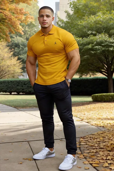 jordan_torres <lora:jt-prodigy-06:1>, wearing a polo shirt and tight-fitted khakis and shoes <lora:Pectoral Focus v2:0.3>, posing in a city park, autumn, falling leaves, cottage-core, warm, inviting, fashion photography, smirk