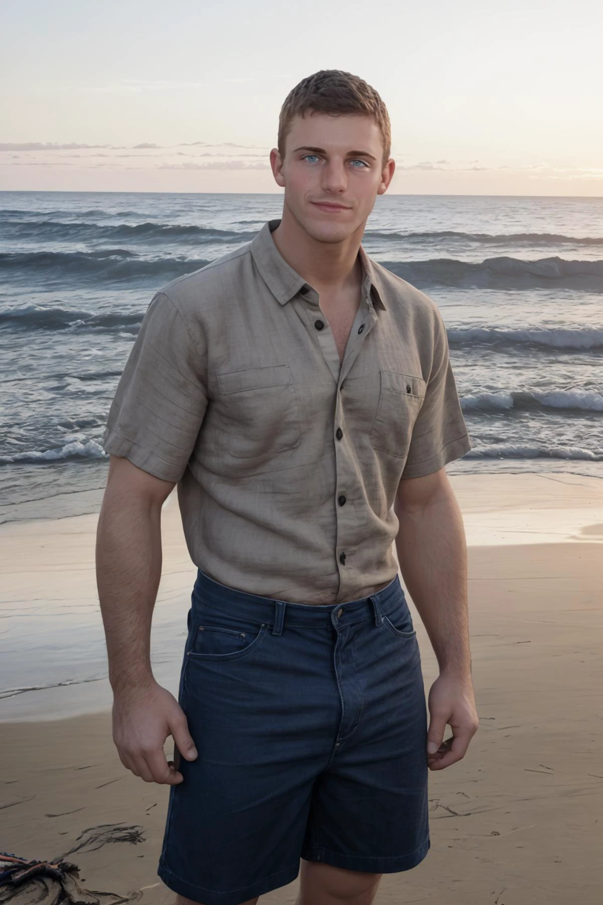 photo of sc_joshua <lora:sc_joshua_2-05:0.75> posing on a scenic beach during sunset with a bonfire, wearing a casual loose-fitting linen shirt, warm mood, engaging, candid, friendly