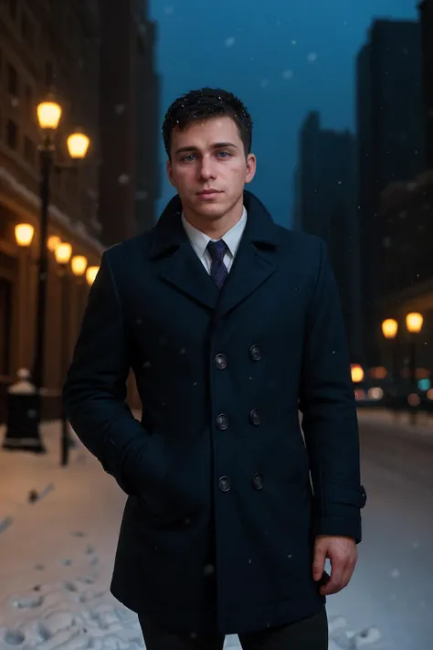 <lora:nick_boisseau_epoch_9:0.8> handsome nbperson wearing woal coat, soft diffused lighting, blue hour, smooth skin, gentle snow fall, bokeh, brooks brothers, blurred background, chicago, soft confidence