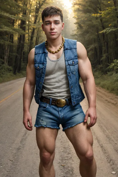 <lora:nick_boisseau_epoch_9:0.8> nbperson, sleeveless denim jacket, tank-top and belt and shorts combat boots, walking along gravel road, forest, gold chain, natural lighting, golden hour, (smirk:0.5)